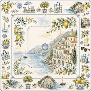 May include: A square decorative textile featuring a coastal scene with Mediterranean architecture, lemon trees, sailboats, and blue and white patterned accents. The border displays repeating motifs of lemons, tote bags, and glassware.