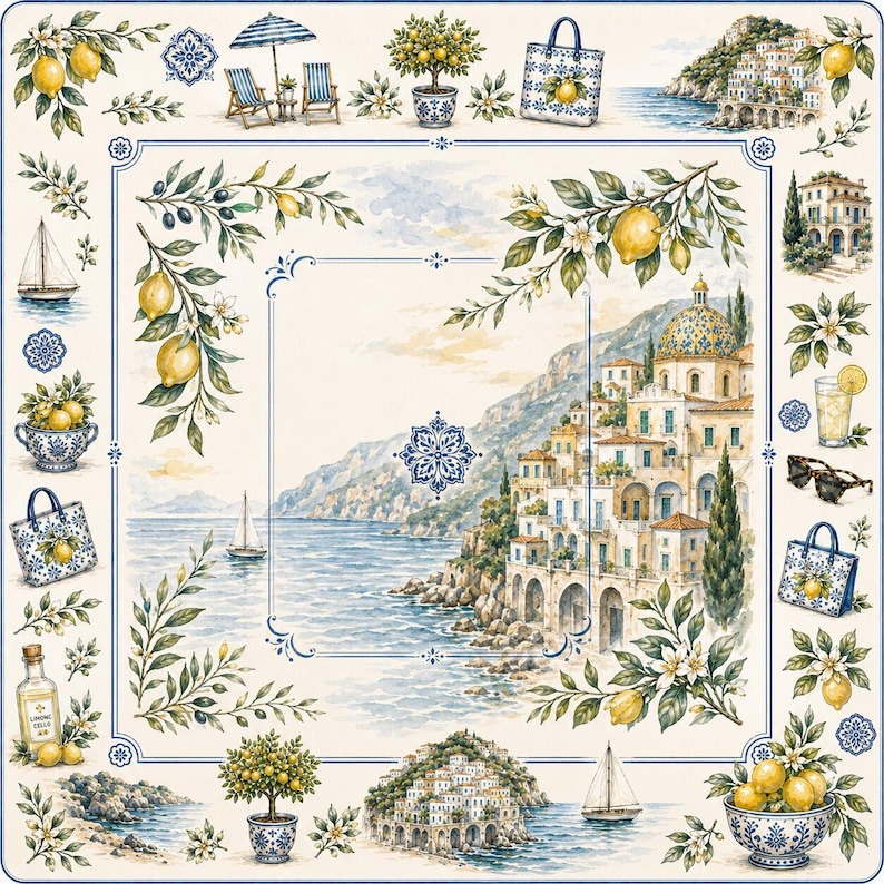 May include: A square decorative textile featuring a coastal scene with Mediterranean architecture, lemon trees, sailboats, and blue and white patterned accents. The border displays repeating motifs of lemons, tote bags, and glassware.