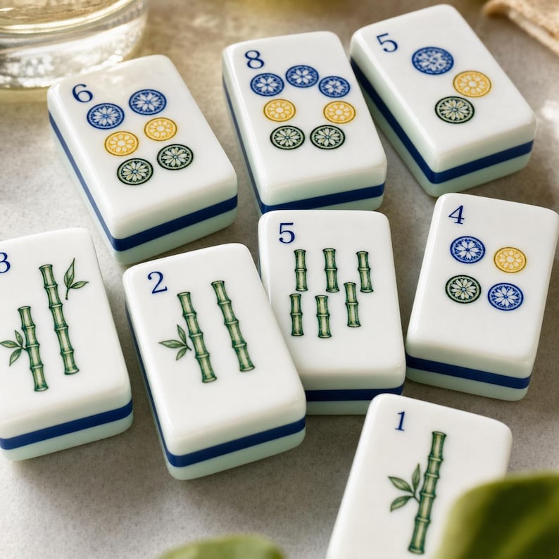 May include: A collection of white rectangular Mahjong tiles featuring blue, yellow, and green floral and bamboo designs. Each tile displays a distinct number in blue ink, ranging from one to eight, with some tiles showing multiple bamboo stalks.