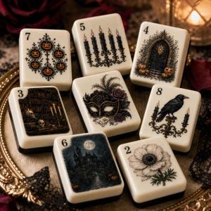 May include: A collection of eight rectangular off-white tiles featuring dark illustrations. Designs include a pumpkin pattern, five candles, a gothic door, a library with skulls, a masquerade mask, a raven on a candelabra, a castle, and a flower.