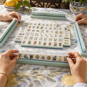 May include: A Mahjong game set featuring white tiles with colorful illustrations of lemons, scooters, buildings, and food. The tiles are arranged in a grid on a table, with players holding individual racks containing tiles with similar imagery.