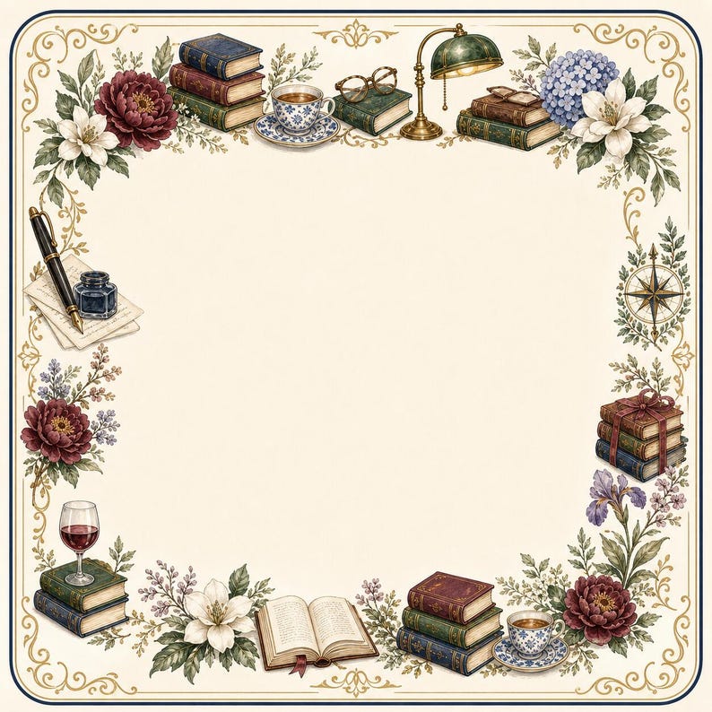 May include: A square decorative frame featuring illustrations of stacks of books, teacups, a brass lamp, eyeglasses, a fountain pen with ink, a compass, a wine glass, and various floral arrangements including peonies, hydrangeas, and white lilies.