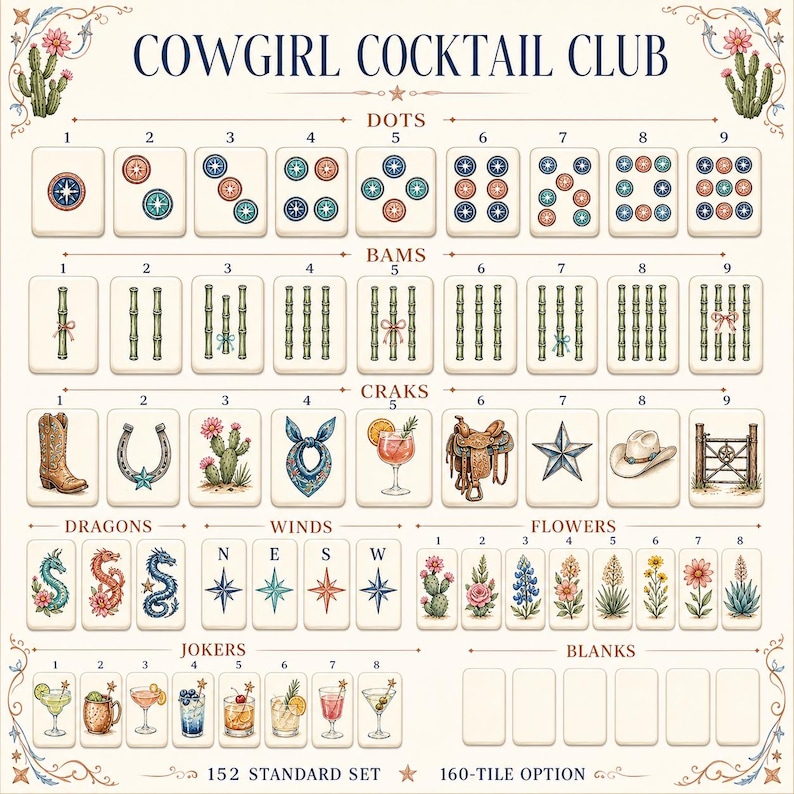 May include: A Cowgirl Cocktail Club mahjong tile set reference sheet featuring rows of Dots, Bams, Craks, Dragons, Winds, Flowers, and Jokers. The tiles display illustrations of cacti, boots, horseshoes, cocktails, and flowers on a cream background.