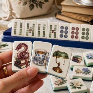 May include: A set of off-white mahjong tiles featuring colorful illustrations including a dragon on books, a teacup, a green banker lamp, various floral patterns, and traditional bamboo and circle suit markings, with some tiles arranged on a blue rack.
