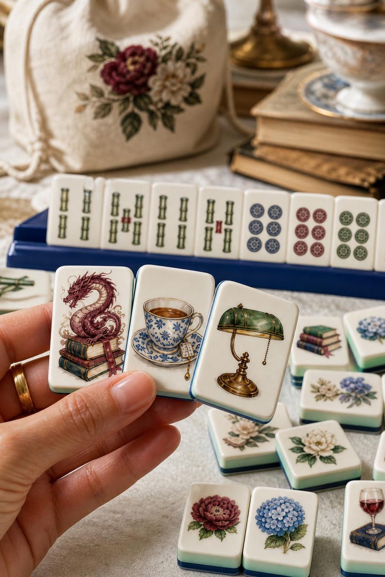 May include: A set of off-white mahjong tiles featuring colorful illustrations including a dragon on books, a teacup, a green banker lamp, various floral patterns, and traditional bamboo and circle suit markings, with some tiles arranged on a blue rack.