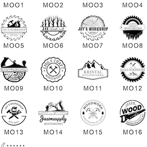 May include: A collection of 17 black and white logos for woodworking businesses. The logos feature various designs, including tools, wood, and text. The logos are arranged in a grid pattern.