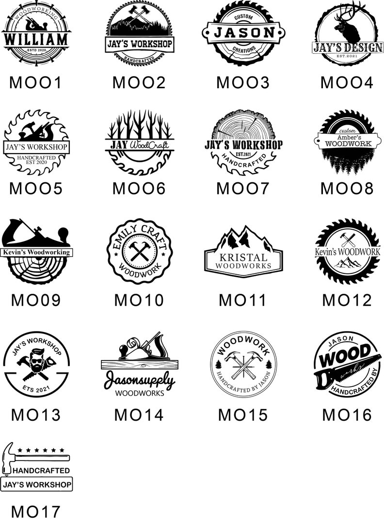May include: A collection of 17 black and white logos for woodworking businesses. The logos feature various designs, including tools, wood, and text. The logos are arranged in a grid pattern.