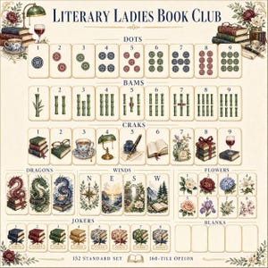 May include: A Mahjong tile set titled Literary Ladies Book Club featuring illustrated suits of dots, bams, and craks with bookish motifs. Includes dragons, winds, flowers, and jokers with detailed artwork of books, tea, and nature on a cream background.