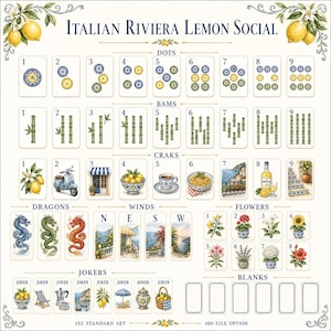 May include: A Mahjong tile set titled Italian Riviera Lemon Social featuring custom illustrations of lemons, scooters, pasta, coastal landscapes, and flowers. The set includes numbered dots, bams, and craks, plus dragons, winds, flowers, jokers, and blanks.