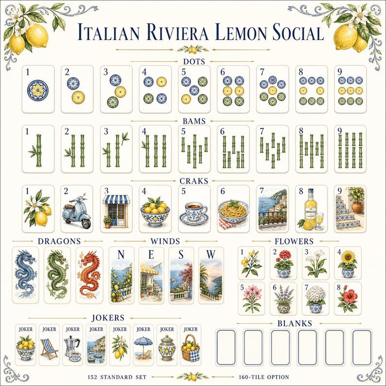 May include: A Mahjong tile set titled Italian Riviera Lemon Social featuring custom illustrations of lemons, scooters, pasta, coastal landscapes, and flowers. The set includes numbered dots, bams, and craks, plus dragons, winds, flowers, jokers, and blanks.