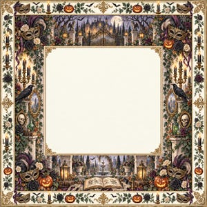 May include: A square decorative frame featuring a Halloween-themed border with pumpkins, black ravens, skulls, masquerade masks, candelabras, and an open book. The design includes ivy vines, bats, and a central castle gate scene.