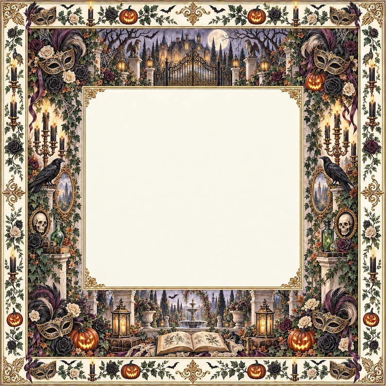 May include: A square decorative frame featuring a Halloween-themed border with pumpkins, black ravens, skulls, masquerade masks, candelabras, and an open book. The design includes ivy vines, bats, and a central castle gate scene.