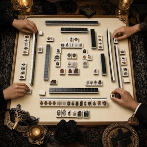 May include: A Mahjong set with cream-colored tiles featuring intricate gothic-style illustrations, arranged on a square board. The tiles display various dark motifs, including skulls, candles, and floral patterns, with some tiles placed face-down showing black backs.