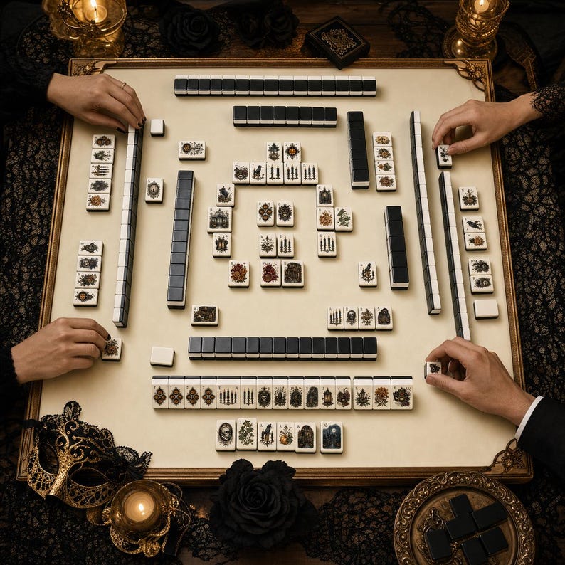May include: A Mahjong set with cream-colored tiles featuring intricate gothic-style illustrations, arranged on a square board. The tiles display various dark motifs, including skulls, candles, and floral patterns, with some tiles placed face-down showing black backs.