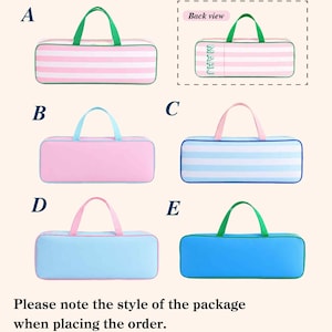 May include: Five rectangular Mahjong bags labeled A through E. Bag A features pink and white stripes with green handles. Bag B is solid pink with light blue handles. Bag C has light blue and white stripes with pink handles. Bag D is solid light blue with pink handles. Bag E is solid blue with green handles.