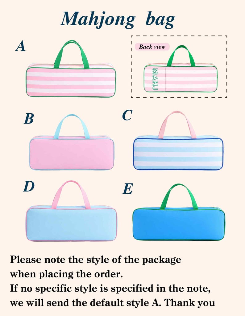 May include: Five rectangular Mahjong bags labeled A through E. Bag A features pink and white stripes with green handles. Bag B is solid pink with light blue handles. Bag C has light blue and white stripes with pink handles. Bag D is solid light blue with pink handles. Bag E is solid blue with green handles.