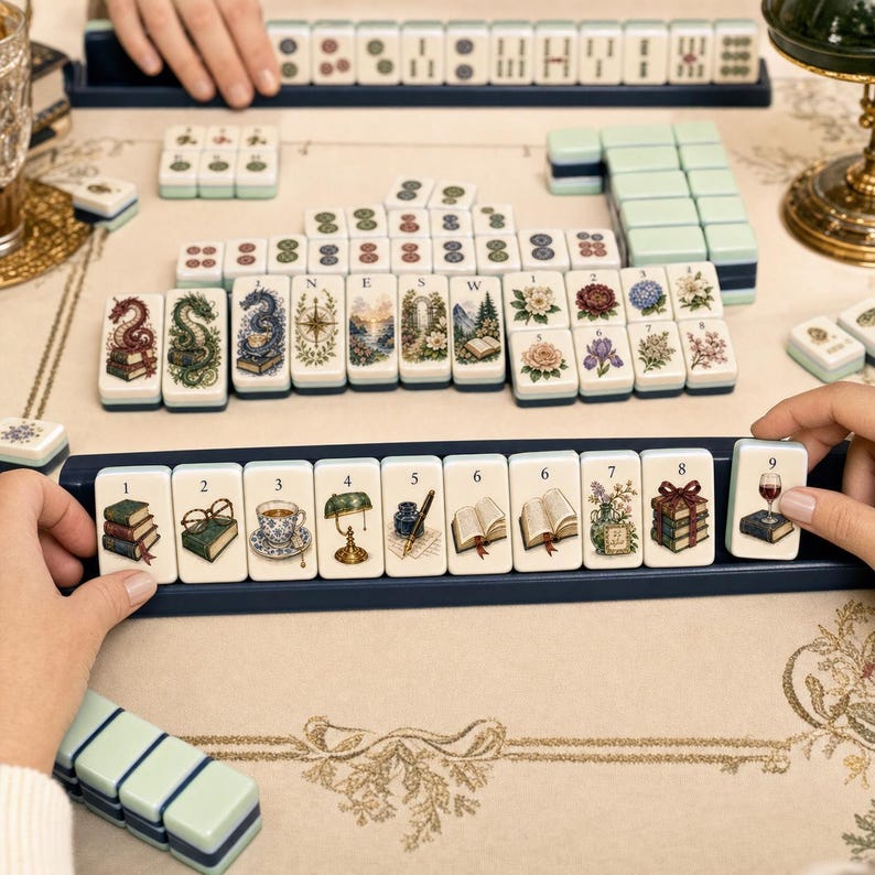 May include: A Mahjong set featuring tiles with intricate illustrations of books, flowers, landscapes, and vintage objects. The tiles are arranged on a game board with a rack holding numbered tiles from one to nine, each displaying a unique graphic.