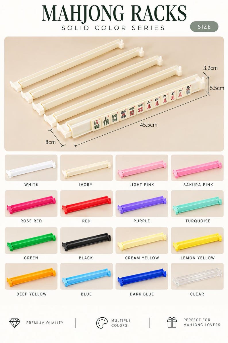 May include: A set of ivory mahjong racks with a length of 45.5 cm, a width of 8 cm, and a height of 5.5 cm. The racks are displayed in various colors including white, pink, red, purple, turquoise, green, black, yellow, blue, and clear.