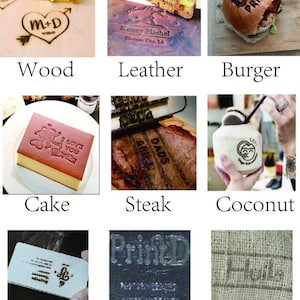 May include: A collage of images showing different surfaces that can be branded with a custom design. The surfaces include wood, leather, a burger, cake, steak, coconut, paper board, plastic, and burlap.