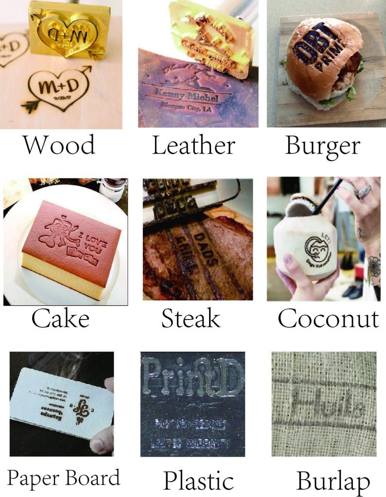 May include: A collage of images showing different surfaces that can be branded with a custom design. The surfaces include wood, leather, a burger, cake, steak, coconut, paper board, plastic, and burlap.