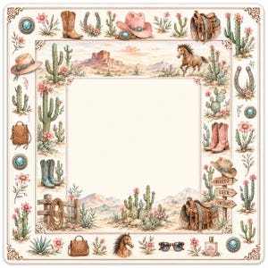 May include: A square decorative frame featuring a western desert theme with illustrations of cacti, pink flowers, cowboy boots, hats, horses, saddles, horseshoes, a wooden fence with a lasso, a signpost labeled Rodeo, Luck, and Desert, and a perfume bottle.