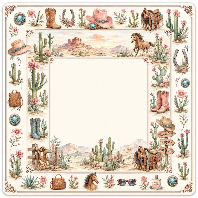 May include: A square decorative frame featuring a western desert theme with illustrations of cacti, pink flowers, cowboy boots, hats, horses, saddles, horseshoes, a wooden fence with a lasso, a signpost labeled Rodeo, Luck, and Desert, and a perfume bottle.