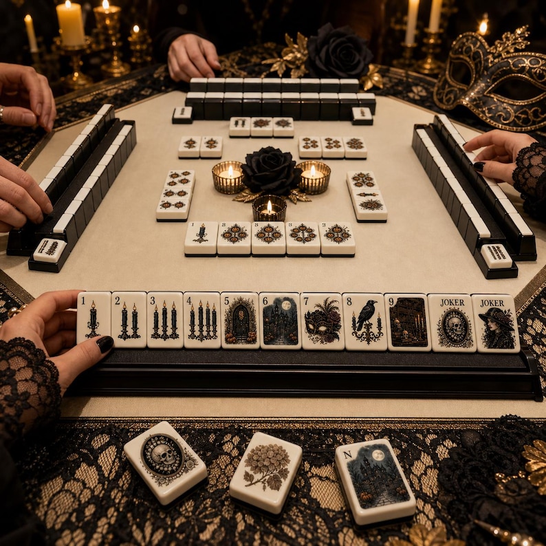 May include: A Mahjong set featuring off-white tiles with intricate black and gold gothic-themed illustrations, including candles, skulls, ravens, and masks. The set includes numbered tiles from one to nine, Joker tiles, and a black tile rack.