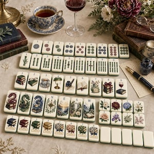 May include: A set of off-white mahjong tiles featuring various illustrations including numbers, bamboo stalks, dragons, books, flowers, and landscapes. The tiles are arranged on a surface alongside a teacup, wine glass, books, and a fountain pen.