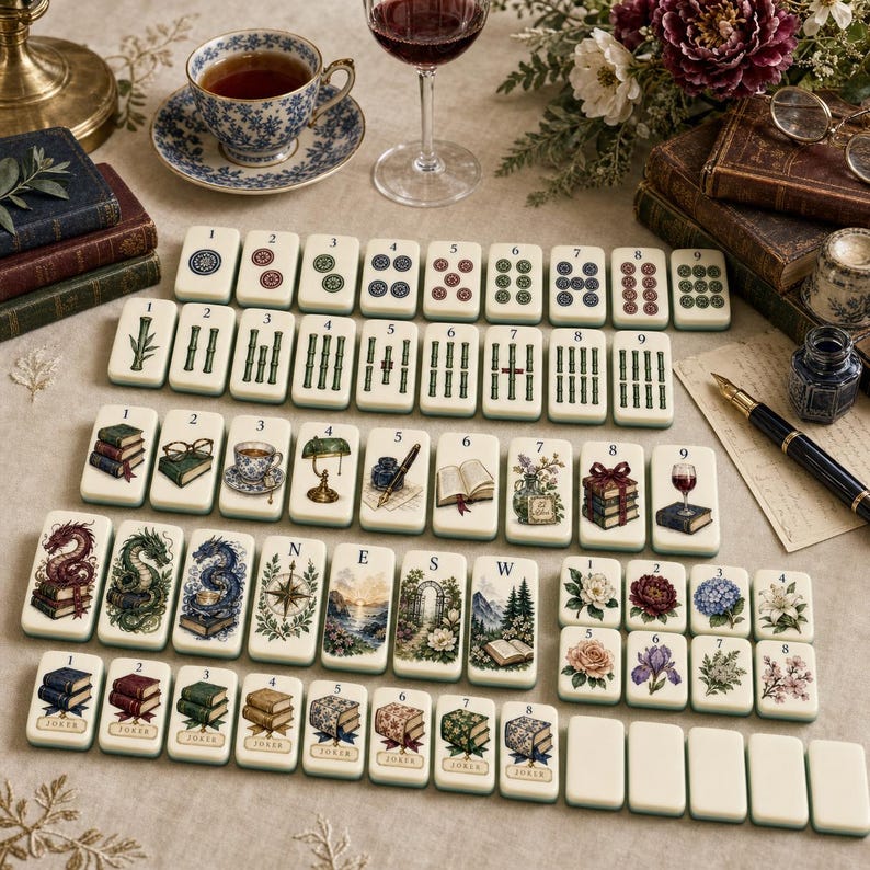 May include: A set of off-white mahjong tiles featuring various illustrations including numbers, bamboo stalks, dragons, books, flowers, and landscapes. The tiles are arranged on a surface alongside a teacup, wine glass, books, and a fountain pen.