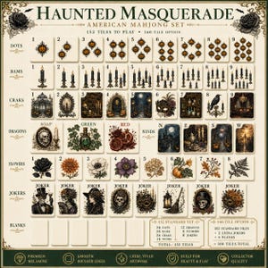 May include: A Haunted Masquerade American Mahjong set featuring 152 tiles with detailed illustrations of pumpkins, candles, gothic architecture, skulls, and floral motifs. The set includes dots, bams, craks, dragons, winds, flowers, and jokers.