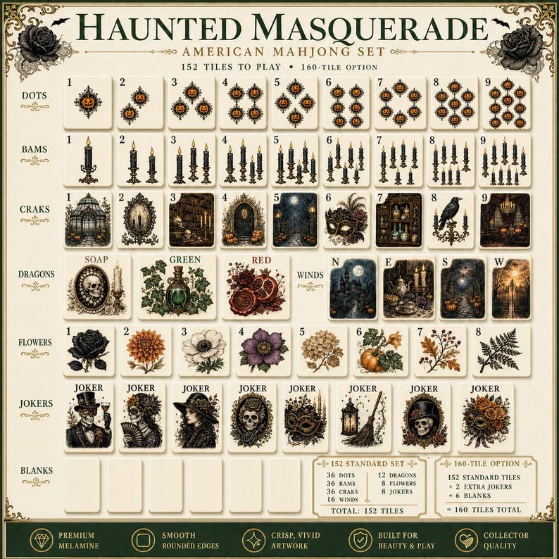 May include: A Haunted Masquerade American Mahjong set featuring 152 tiles with detailed illustrations of pumpkins, candles, gothic architecture, skulls, and floral motifs. The set includes dots, bams, craks, dragons, winds, flowers, and jokers.