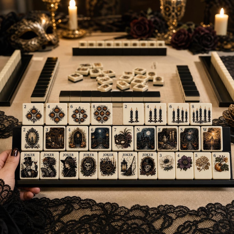 May include: A set of cream-colored mahjong tiles featuring intricate illustrations of pumpkins, candles, skulls, masks, and floral motifs. The tiles are arranged in rows on black racks, with some tiles displaying numbers 2 through 8, letters N, E, S, W, and the word JOKER.