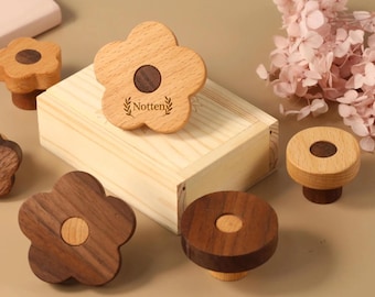 Walnut flower drawer Knobs, wooden dresser Knobs, Custom Engraved wardrobe Knob Cabinet pulls nursery room Drawer Knobs furniture hardware