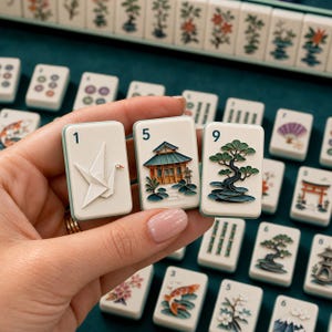 May include: Three rectangular mahjong tiles with light green edges held in a hand. The tiles feature a white origami crane with the number 1, a detailed Japanese building with the number 5, and a green bonsai tree with the number 9.