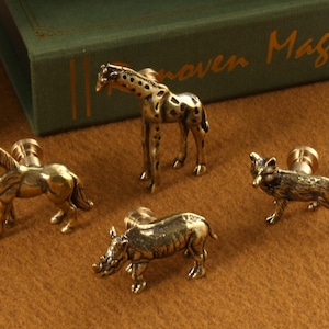 Könnte beinhalten: Satz mit vier Tier-Schubladenknöpfen aus Messing. Die Knöpfe sind in Form einer Giraffe, eines Pferdes, eines Nashorns und eines Fuchses. Die Knöpfe sind alle in polierter Messing-Optik.