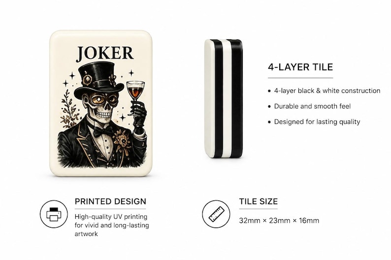 May include: A rectangular mahjong tile featuring a cream-colored face with a printed illustration of a skeleton in a tuxedo, top hat, and bowtie holding a glass, labeled JOKER. The side view shows a 4-layer black and white construction, 32mm x 23mm x 16mm.