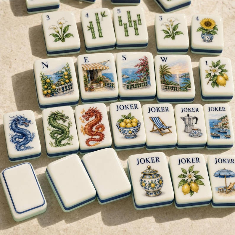 May include: A collection of rectangular mahjong tiles featuring various illustrations including dragons, flowers, coastal scenes, and the word JOKER. The tiles are white with blue borders and display detailed colorful graphics.