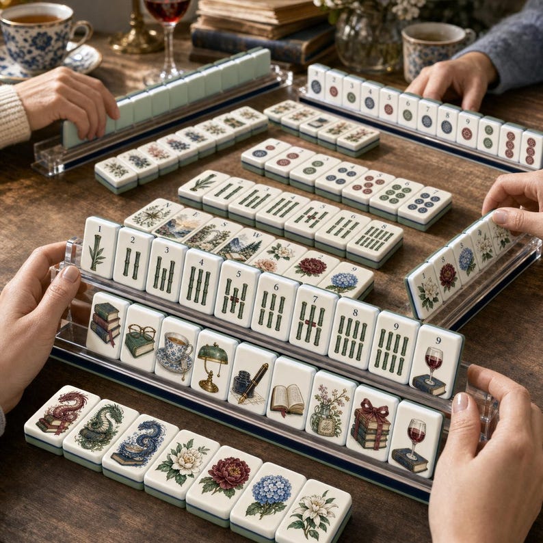May include: A Mahjong tile set featuring intricate illustrations of books, flowers, wine glasses, and dragons on white rectangular tiles. The tiles are arranged in clear acrylic racks on a wooden table, with some tiles displaying numbers one through nine.
