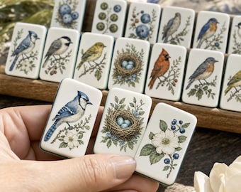Op de afbeelding: Een set rechthoekige witte tegels met gedetailleerde illustraties van diverse vogels, nesten met eieren en botanische elementen zoals bessen en bloemen. De tegels zijn gerangschikt in een houten dienblad, met drie tegels op de voorgrond.