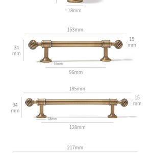 May include: Image showing antique brass cabinet hardware with product information. Includes a knob (28mm) and pulls of various lengths, from 153mm to 280mm. All measurements are in millimetres.