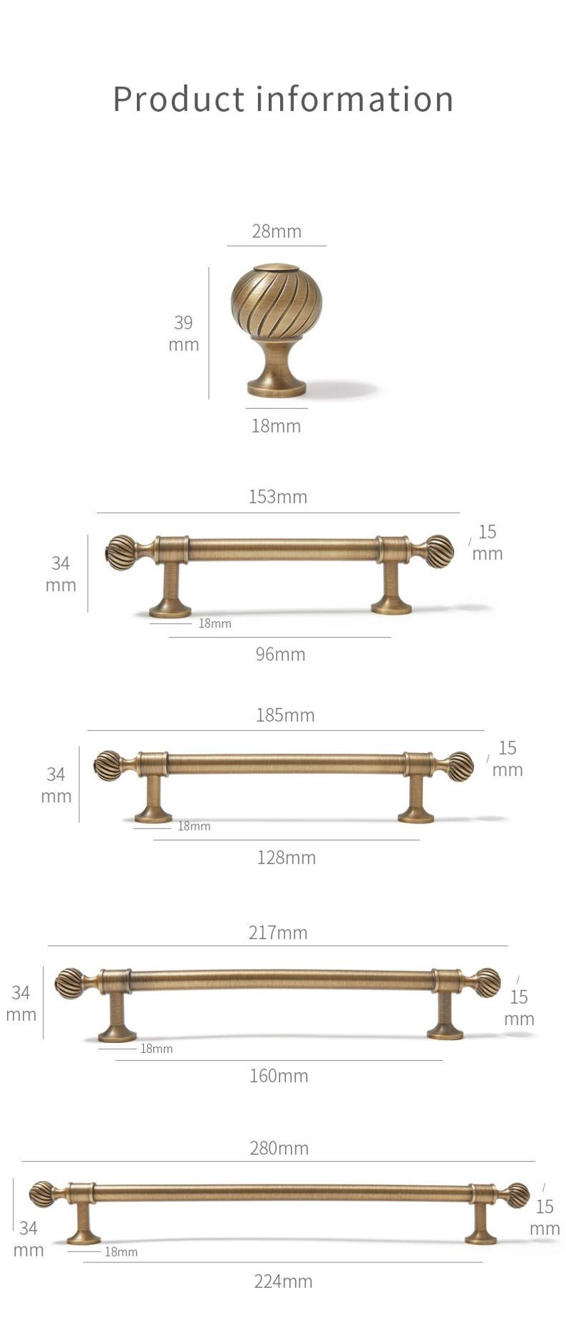 May include: Image showing antique brass cabinet hardware with product information. Includes a knob (28mm) and pulls of various lengths, from 153mm to 280mm. All measurements are in millimetres.