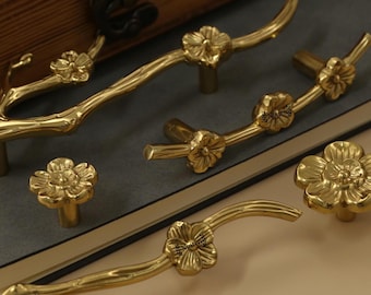 Cherry branch Knobs Pulls Dresser Knob Pull Handles tree flower Drawer Knob Pull closet Custom engraved Cabinet Knob gold Kitchen Knob Pull