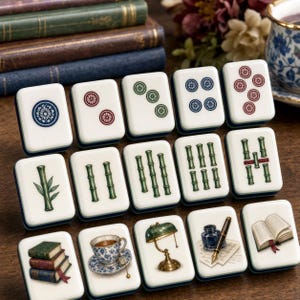 May include: A collection of rectangular mahjong tiles featuring white surfaces with various illustrations including circular patterns, green bamboo stalks, a stack of books, a teacup, a desk lamp, an inkwell with a pen, and an open book.
