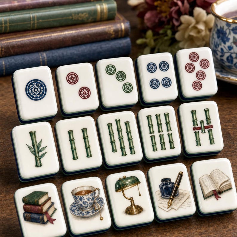 May include: A collection of rectangular mahjong tiles featuring white surfaces with various illustrations including circular patterns, green bamboo stalks, a stack of books, a teacup, a desk lamp, an inkwell with a pen, and an open book.