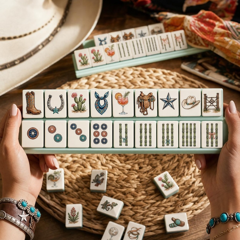 May include: A mahjong tile set featuring western-themed illustrations including cowboy boots, horseshoes, cacti, bandanas, cocktails, saddles, stars, hats, and fences, alongside traditional bamboo and circular patterns on a light green rack.