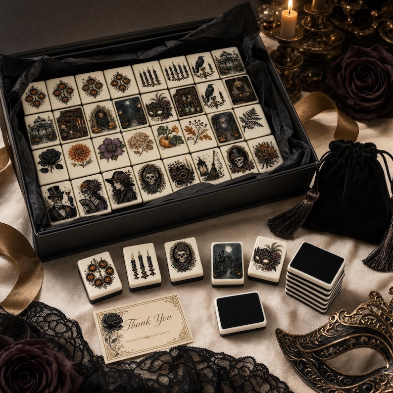 May include: A set of rectangular mahjong tiles featuring intricate illustrations of skulls, candles, ravens, flowers, and masquerade masks. The tiles are presented in a black box with a matching black velvet drawstring pouch and a thank you card.