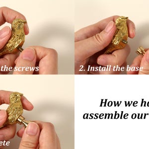 May include: A gold-colored bird-shaped knob shown in a three-step assembly process. The text reads: 1. Install the screws, 2. Install the base, 3. Complete, and How we hand assemble our knobs. The metal bird features detailed feather textures.