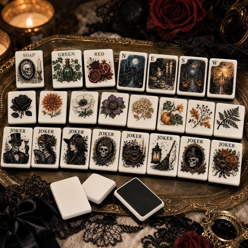 May include: A set of rectangular mahjong tiles featuring intricate illustrations of skulls, flowers, pumpkins, and gothic scenes. Several tiles are labeled with text including SOAP, GREEN, RED, N, E, S, W, and JOKER. The tiles are white with black backs.