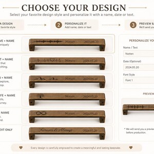 May include: Bronze-colored drawer pulls with various engraved designs, including soundwave, heartbeat, mountain, tree of life, infinity symbol, and custom text. Each pull includes a name and date.