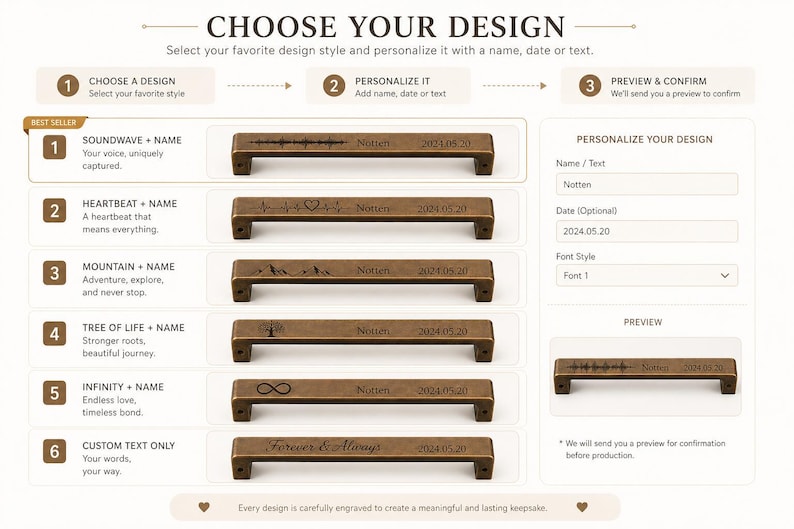 May include: Bronze-colored drawer pulls with various engraved designs, including soundwave, heartbeat, mountain, tree of life, infinity symbol, and custom text. Each pull includes a name and date.